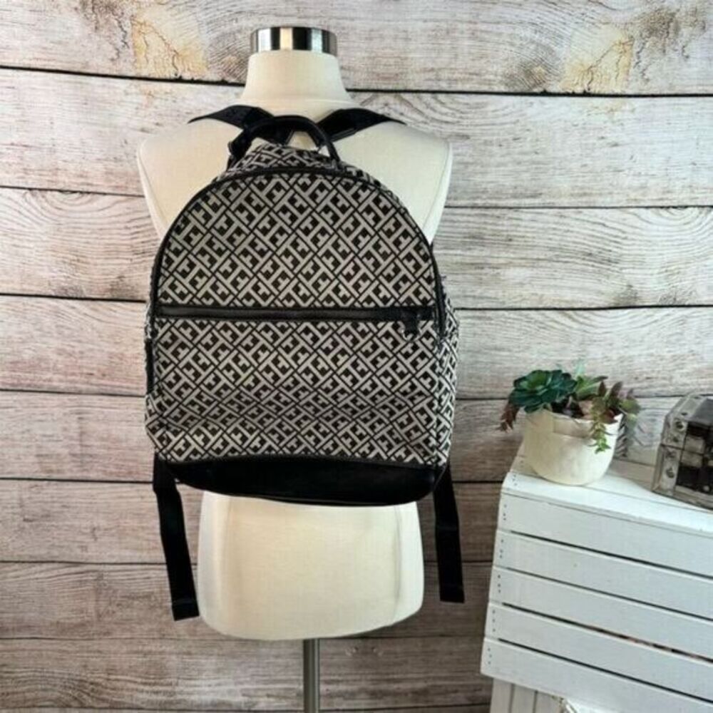 Tommy Hilfiger Unisex Backpack‎ Black Cream Monogram Canvas Adjustable Straps